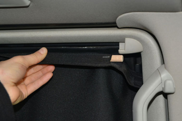Blackout rear textile curtains in VW Multivan attachment