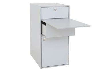 VanEssa Modulturm cabinet T1 silver open with pull-out table
