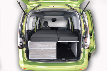 Single bed with double bed extension and drawer module in the VW Caddy 3 4 5 Ford Tourneo Connect 3