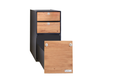 VanEssa T1 storage tower with open pull-out fridge box in graphite wild oak