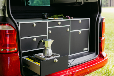 VanEssa rear kitchen black matt in Volkswagen T6.1 California Beach height 53 cm