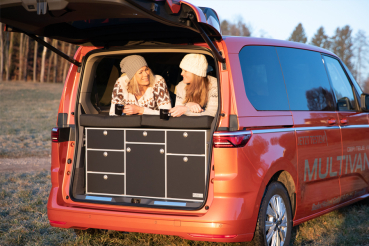 VanEssa Surfer sleeping system for split kitchen in VW T7 Multivan rear view