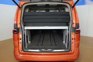 VanEssa sleeping system Van in VW T7 Multivan with long overhang, rear view packed up