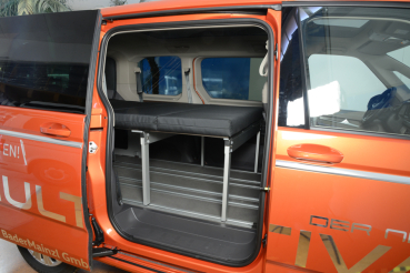 VanEssa van sleeping system installed in the VW T7 Multivan with long overhang, side view
