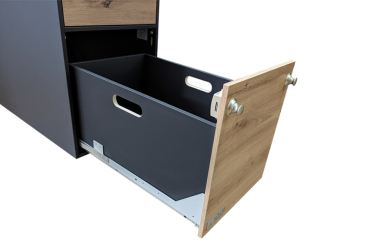 VanEssa  interior module T1 with storage space insert in WC/cool box pull-out raised in graphite wild oak