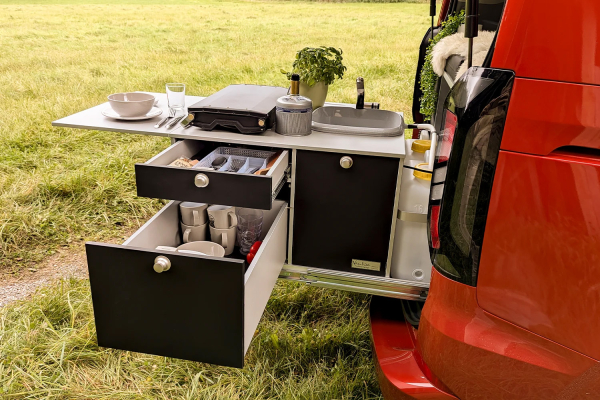 VanEssa rear pull-out Riva camping box for cooking and sleeping in the vehicle