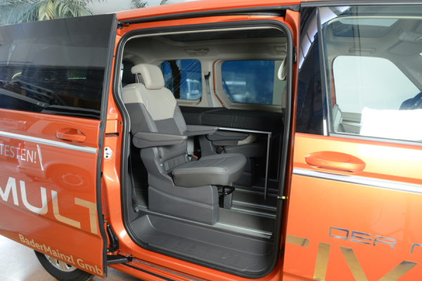 VanEssa sleeping system Surfer split single bed in VW T7 Multivan with seat