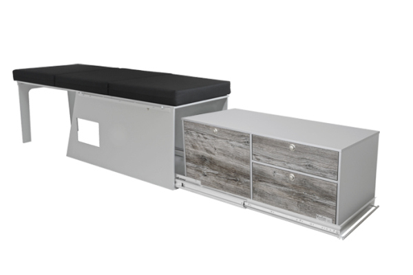 VanEssa Arco system with heavy-duty pull-out with storage module in Bulli decor
