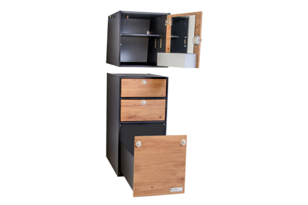 VanEssa interior module T1 with with top cabinet open graphit wild oak