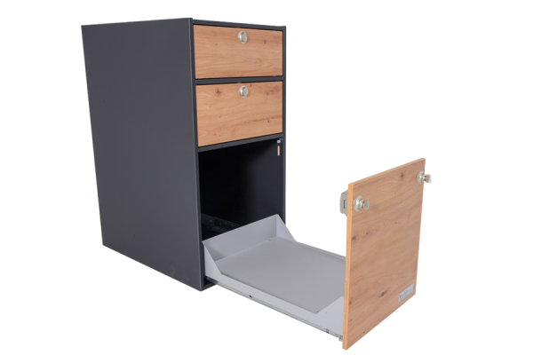 VanEssa Modulturm T1 WC or cool box pull-out open in graphite wild oak