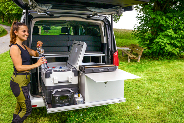 VanEssa Riva kitchen on rear pull-out with cool box and gas cooker