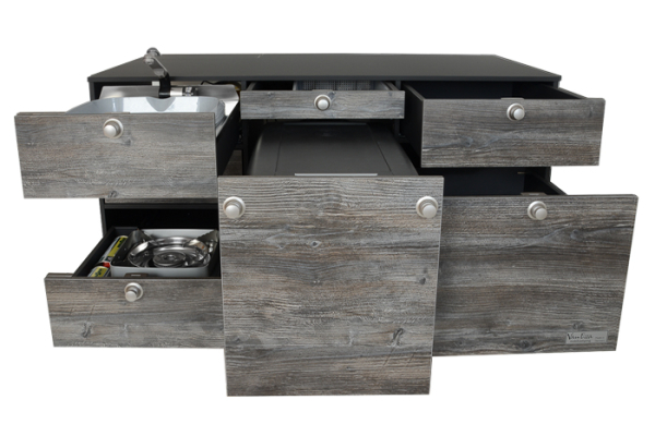 VanEssa rear kitchen graphite with decor Bulli open extension with cool box Indell