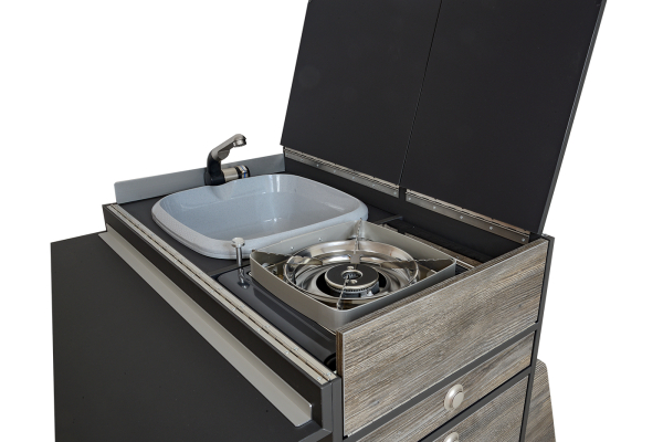 VanEssa kitchen module Oslo graphite splashback open to sink hob