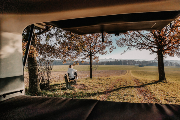 VanEssa Surfer split sleeping system with a view from the van