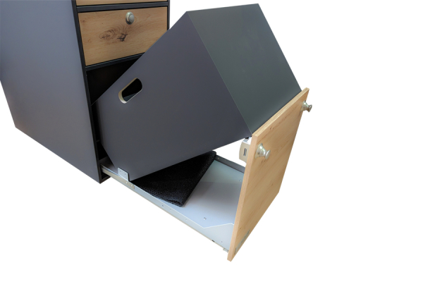 VanEssa  interior module T1 with storage space insert in WC/cool box pull-out open in graphite wild oak