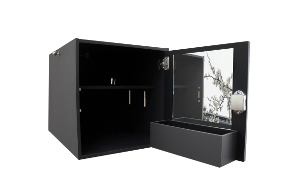 VanEssa mirror attachment on T1 storage tower open in graphite black matt