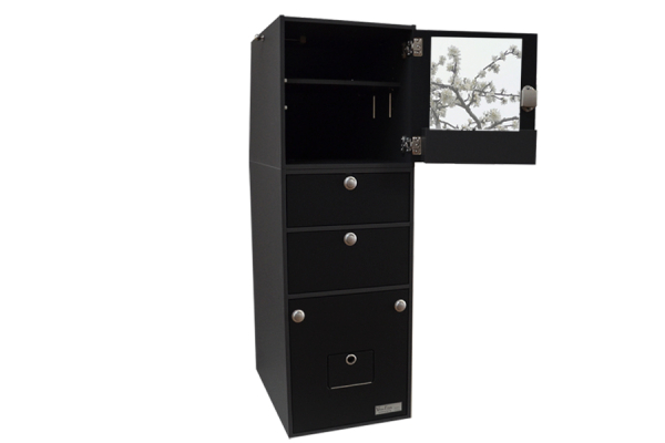 VanEssa top unit open on T2 modular tower in graphite black matt