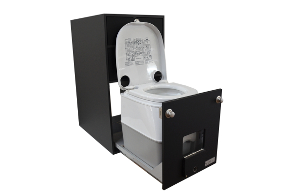 VanEssa Modulturm T2 mit Campingtoilette Dometic in WC-Auszug offen in Graphit Schwarz-matt