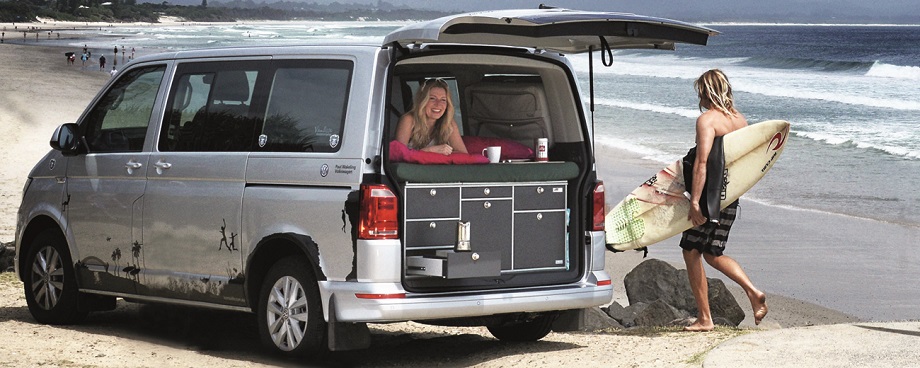 VanEssa van furniture in a VW bus on the beach in Australia